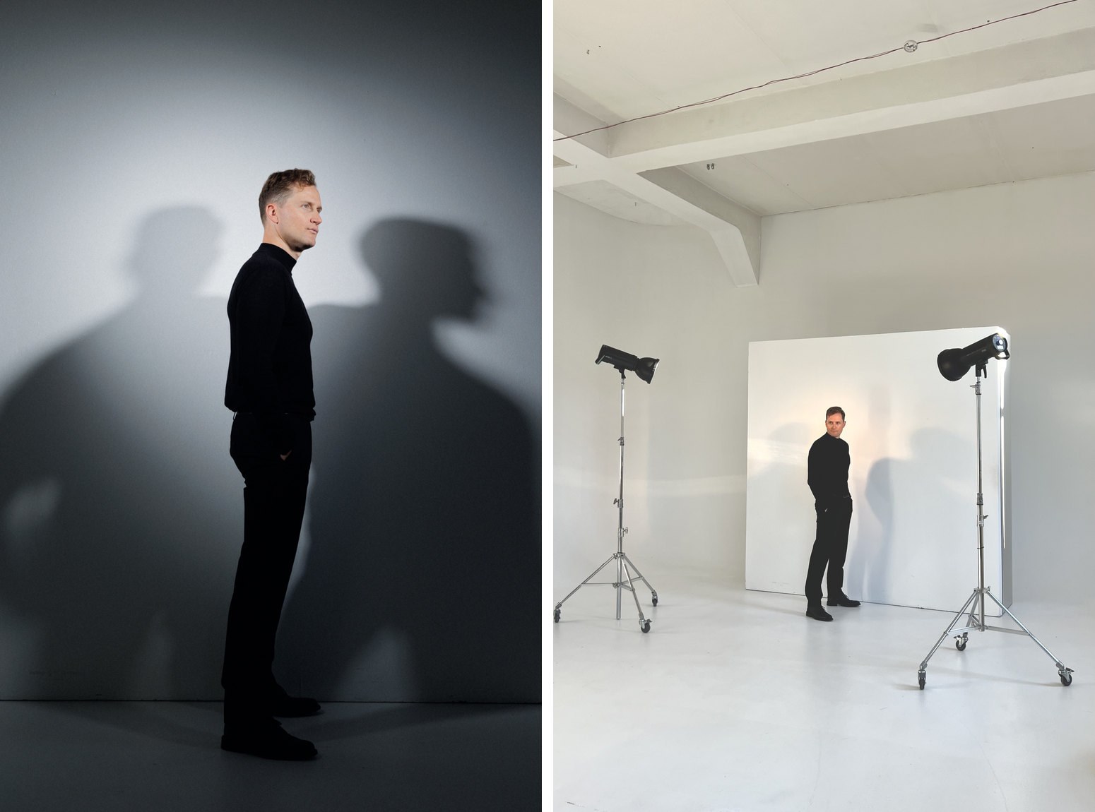 Robertas with two shadows on a white wall, and the two-light setup