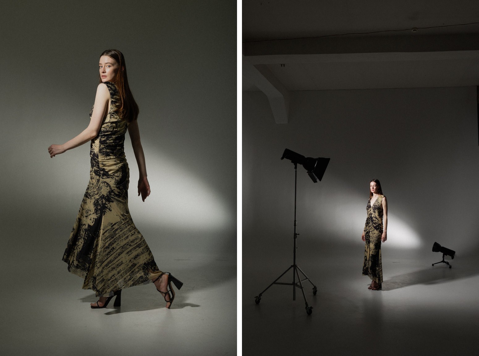 Lidija with a band of light on the background, and the setup