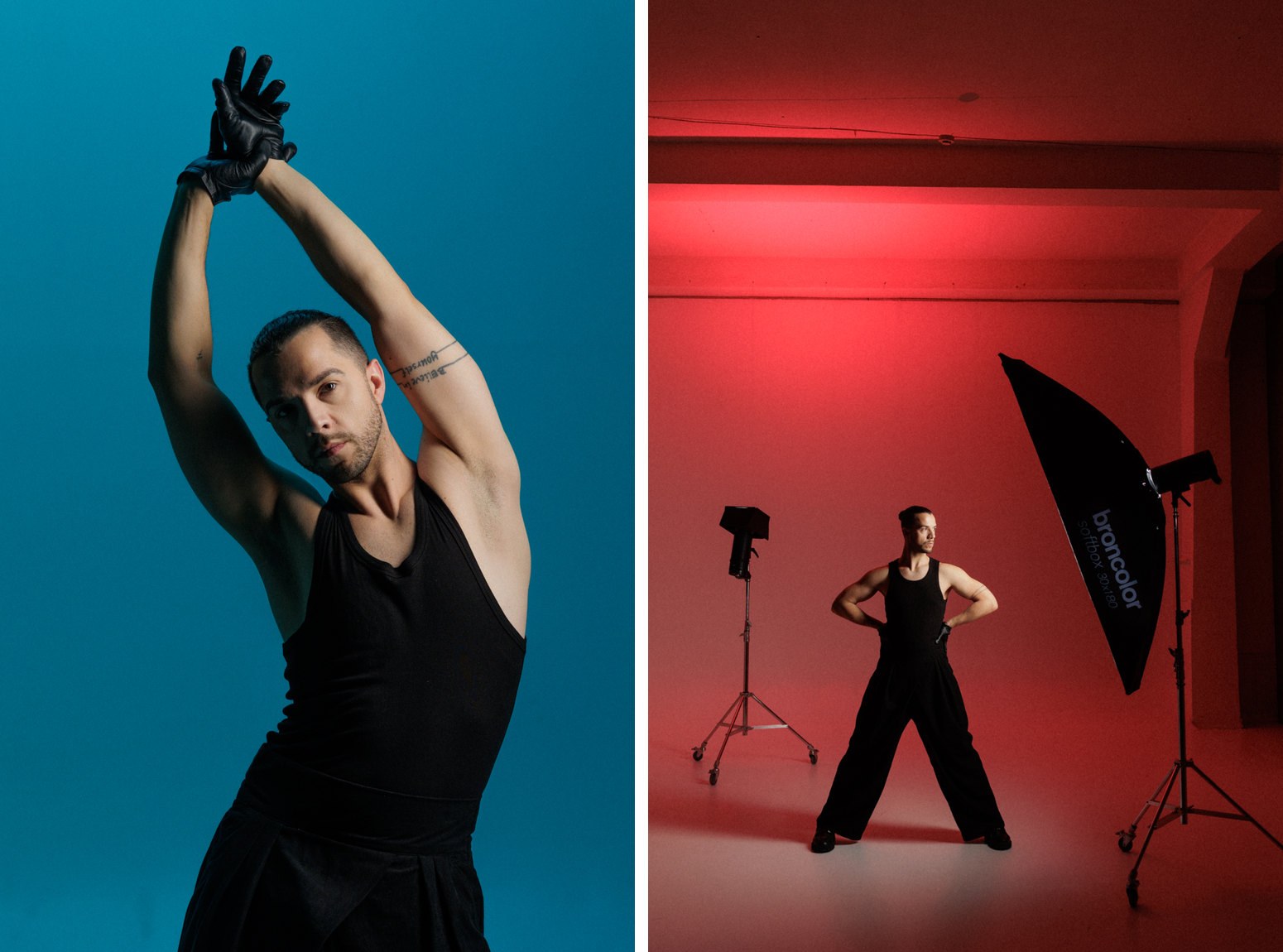 Pijus in front of a blue background, and the setup with red light