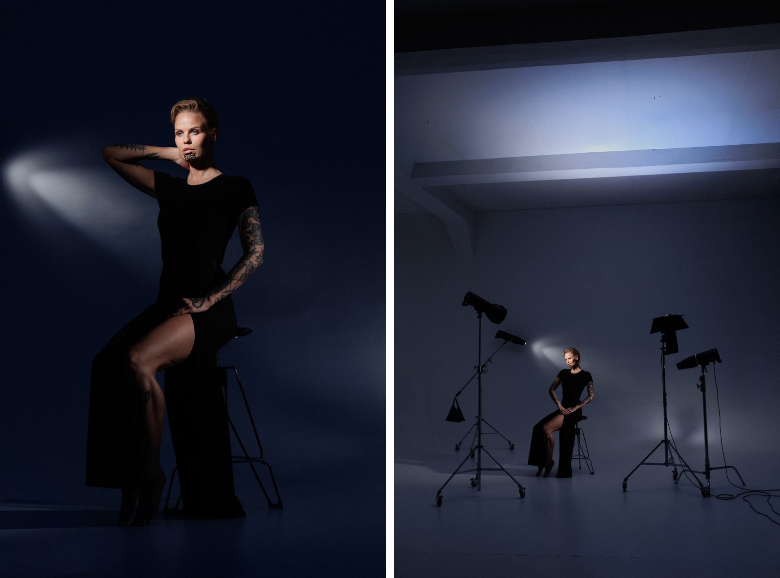 Simona lit by a narrow spot of light with blue accents, and the setup